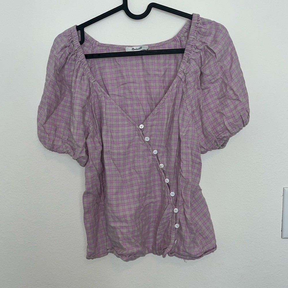 Madewell Plaid Linen Blend Puff Sleeve Top